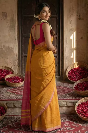 Yellow cotton printed saree with blouse