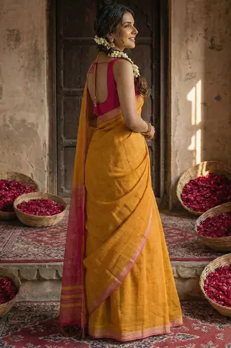 Yellow cotton printed saree with blouse