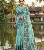Blue linen printed saree with blouse