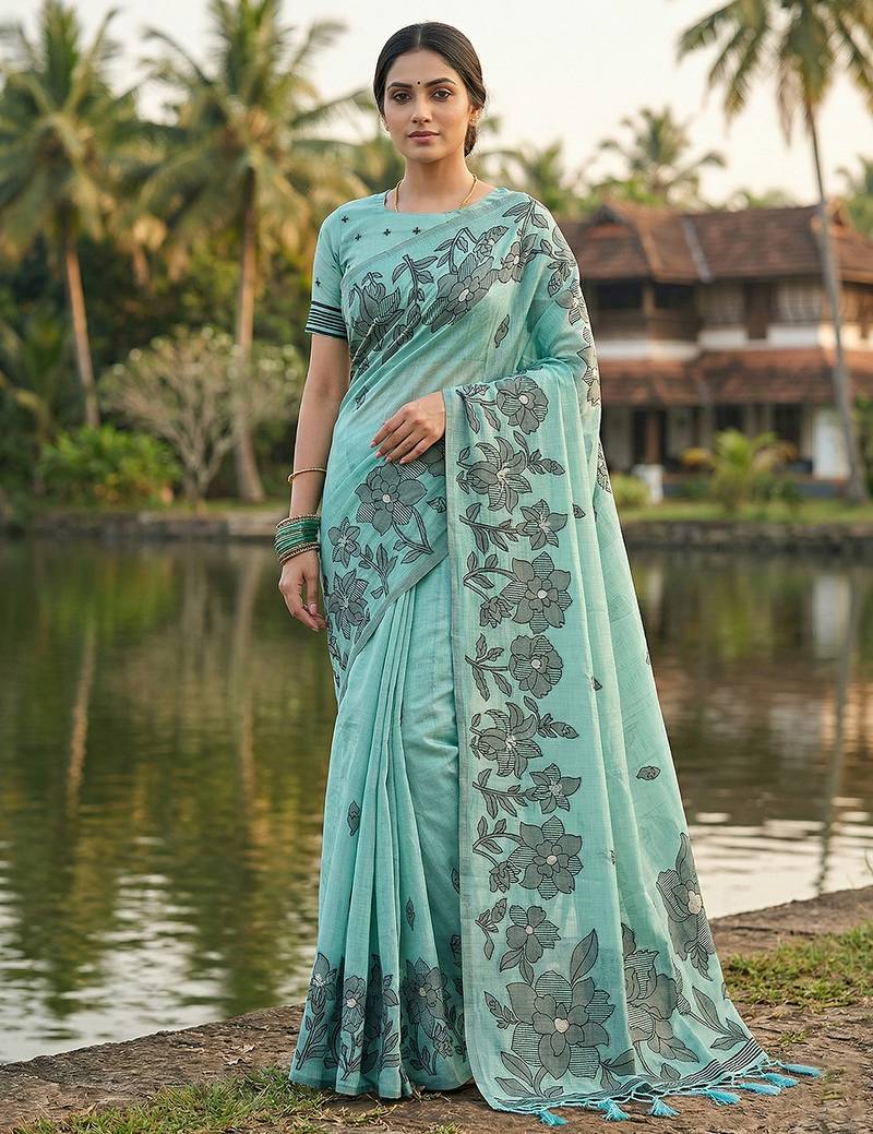 Blue linen printed saree with blouse