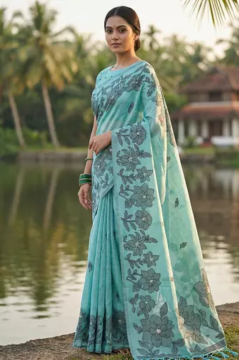 Blue linen printed saree with blouse