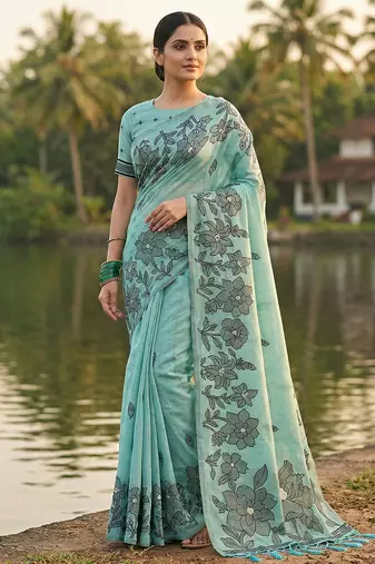 Blue linen printed saree with blouse