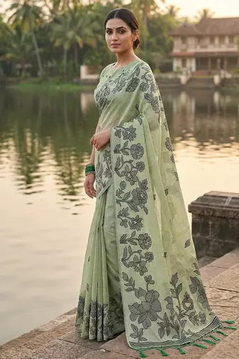 Green linen printed saree with blouse