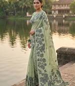 Green linen printed saree with blouse