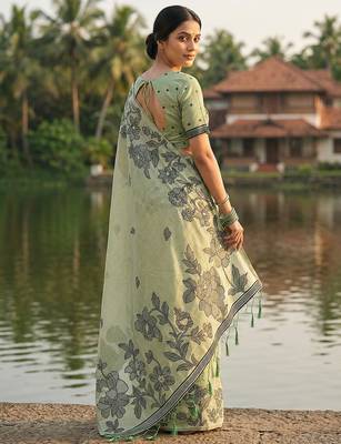 Green linen printed saree with blouse 3