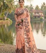 Peach linen printed saree with blouse