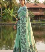 Turquoise linen printed saree with blouse