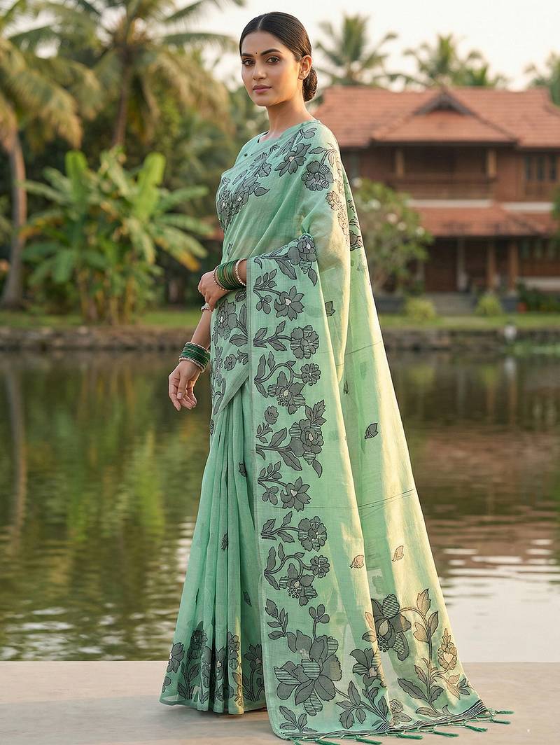 Turquoise linen printed saree with blouse