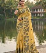 Yellow linen printed saree with blouse