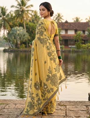 Yellow linen printed saree with blouse 2