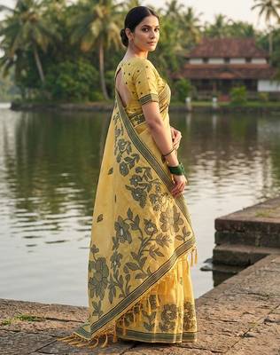 Yellow linen printed saree with blouse 3
