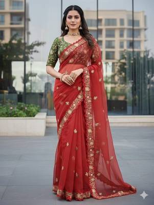 Red Color  Multi Work Coding Work And Sequins Work Organza art silk saree 1