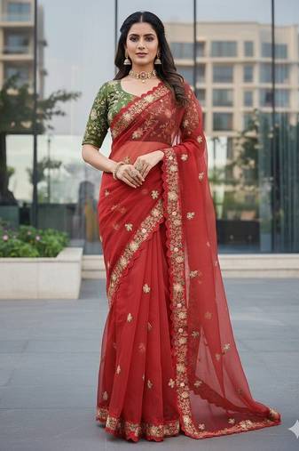 Red Color  Multi Work Coding Work And Sequins Work Organza Silk Saree