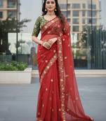 Red Color  Multi Work Coding Work And Sequins Work Organza Silk Saree