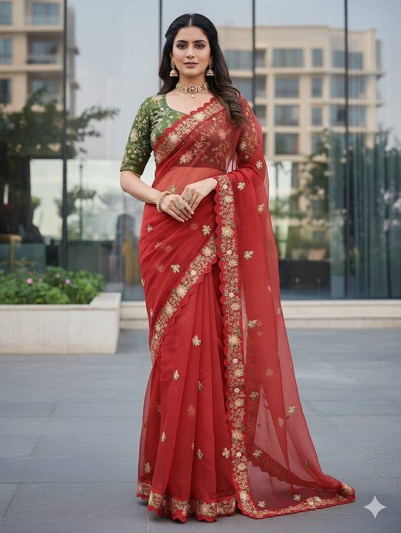 Red Color  Multi Work Coding Work And Sequins Work Organza Silk Saree