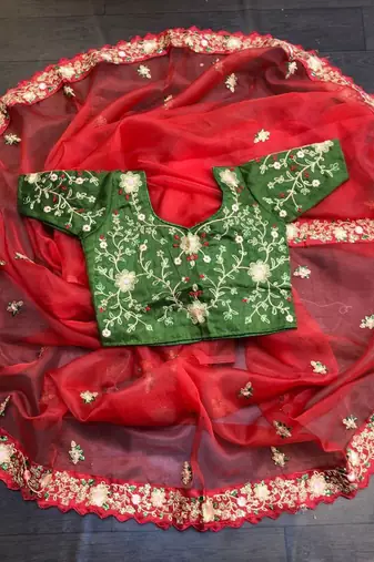 Red Color  Multi Work Coding Work And Sequins Work Organza art silk saree
