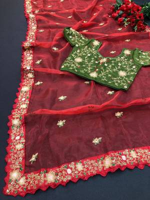Red Color  Multi Work Coding Work And Sequins Work Organza art silk saree 3