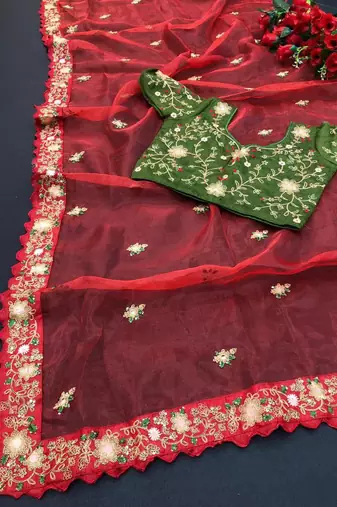 Red Color  Multi Work Coding Work And Sequins Work Organza art silk saree