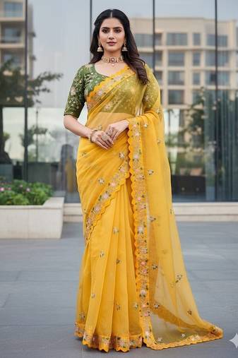 Yellow Color Multi Work Coding Work And Sequins Work Organza Silk Saree