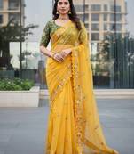 Yellow Color Multi Work Coding Work And Sequins Work Organza Silk Saree