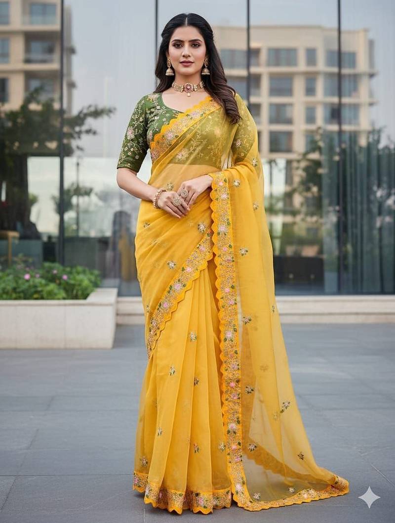 Yellow Color Multi Work Coding Work And Sequins Work Organza Silk Saree