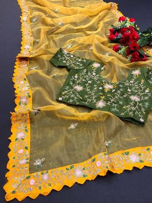 Yellow Color Multi Work Coding Work And Sequins Work Organza art silk saree 2