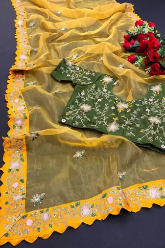 Yellow Color Multi Work Coding Work And Sequins Work Organza art silk saree