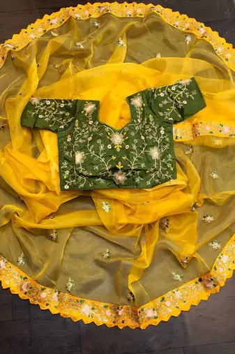 Yellow Color Multi Work Coding Work And Sequins Work Organza art silk saree