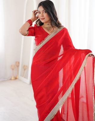 Red Color Sequins Lace Border Work Satin Silk Saree 1