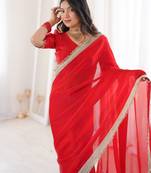 Red Color Sequins Lace Border Work Satin Silk Saree