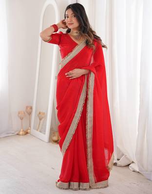 Red Color Sequins Lace Border Work Satin Silk Saree 2