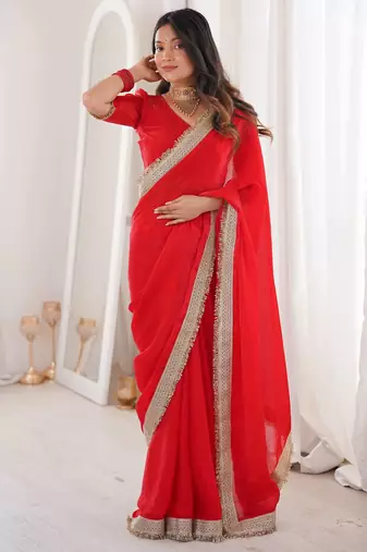 Red Color Sequins Lace Border Work Satin Silk Saree