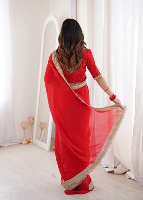 Red Color Sequins Lace Border Work Satin Silk Saree 3