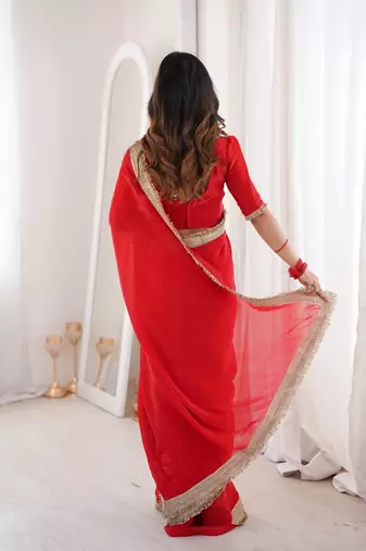 Red Color Sequins Lace Border Work Satin Silk Saree