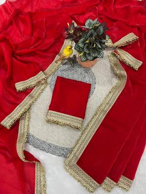 Red Color Sequins Lace Border Work Satin Silk Saree 4