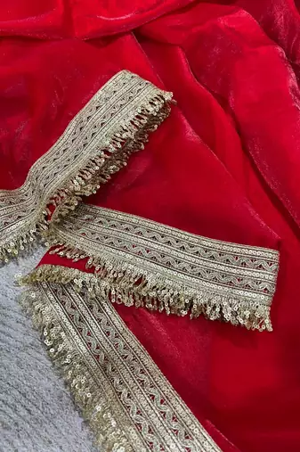 Red Color Sequins Lace Border Work Satin Silk Saree