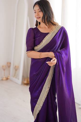 Purple Color Sequins Lace Border Work Satin Silk Saree
