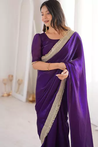 Purple Color Sequins Lace Border Work Satin Silk Saree