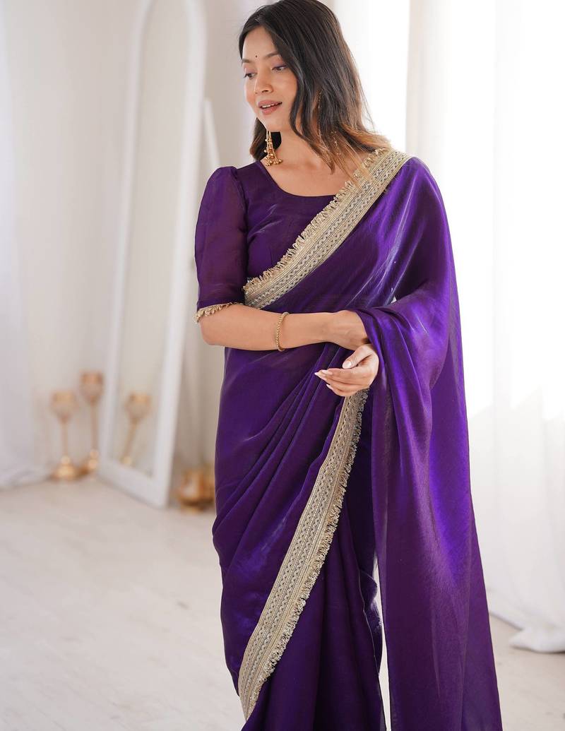 Purple Color Sequins Lace Border Work Satin Silk Saree