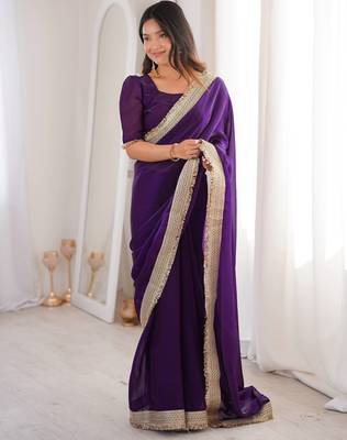 Purple Color Sequins Lace Border Work Satin Silk Saree 2