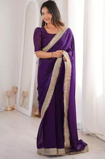 Purple Color Sequins Lace Border Work Satin Silk Saree
