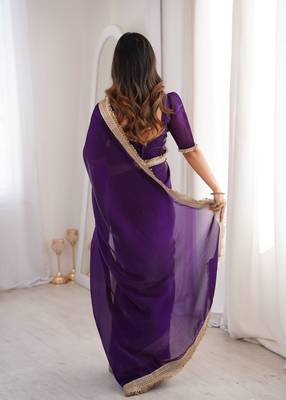 Purple Color Sequins Lace Border Work Satin Silk Saree 3