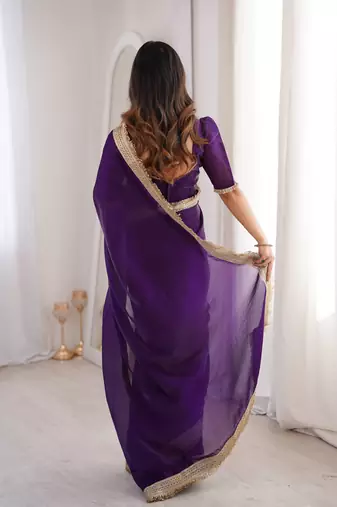 Purple Color Sequins Lace Border Work Satin Silk Saree