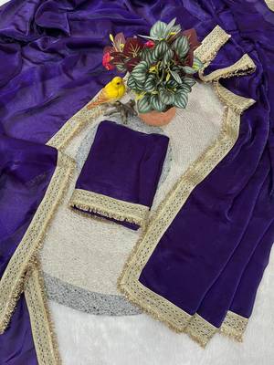 Purple Color Sequins Lace Border Work Satin Silk Saree 4