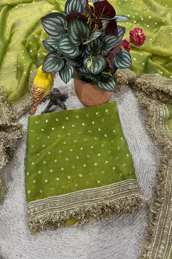 Olive Color Zari Woven and Work Jacquard Butti Silk Saree
