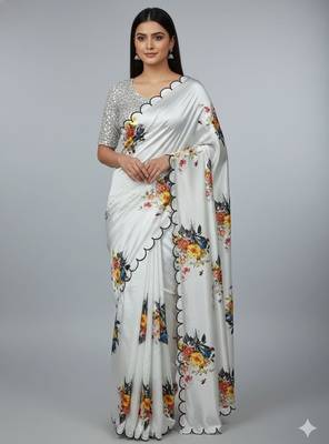 White Color Handwork With Touch Up Of Pearls In Flowers Satin art silk saree  1