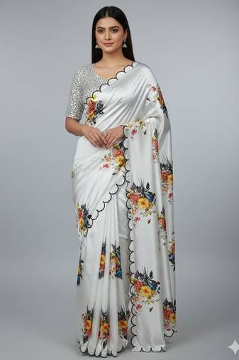 White Color Handwork With Touch Up Of Pearls In Flowers Satin Silk Saree 