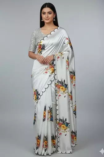 White Color Handwork With Touch Up Of Pearls In Flowers Satin Silk Saree 