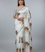 White Handwork With Touch Up Of Pearls In Flowers Satin Art Silk Saree
