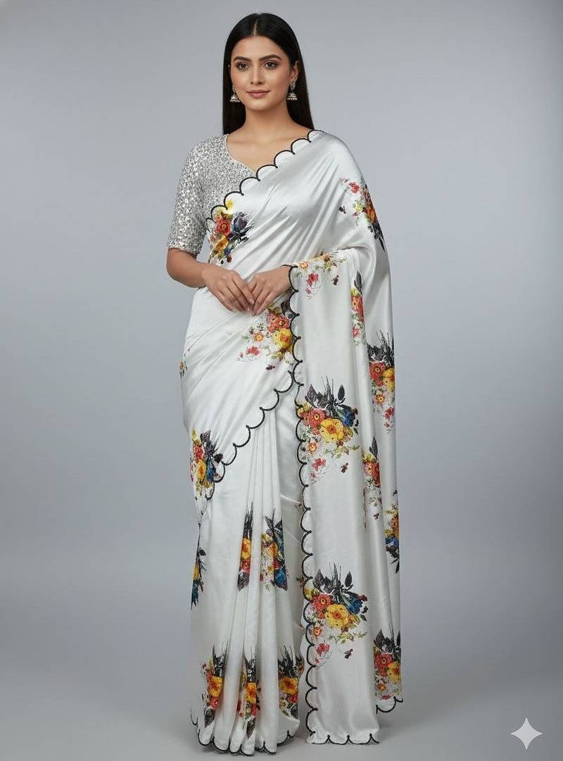 White Color Handwork With Touch Up Of Pearls In Flowers Satin Silk Saree 